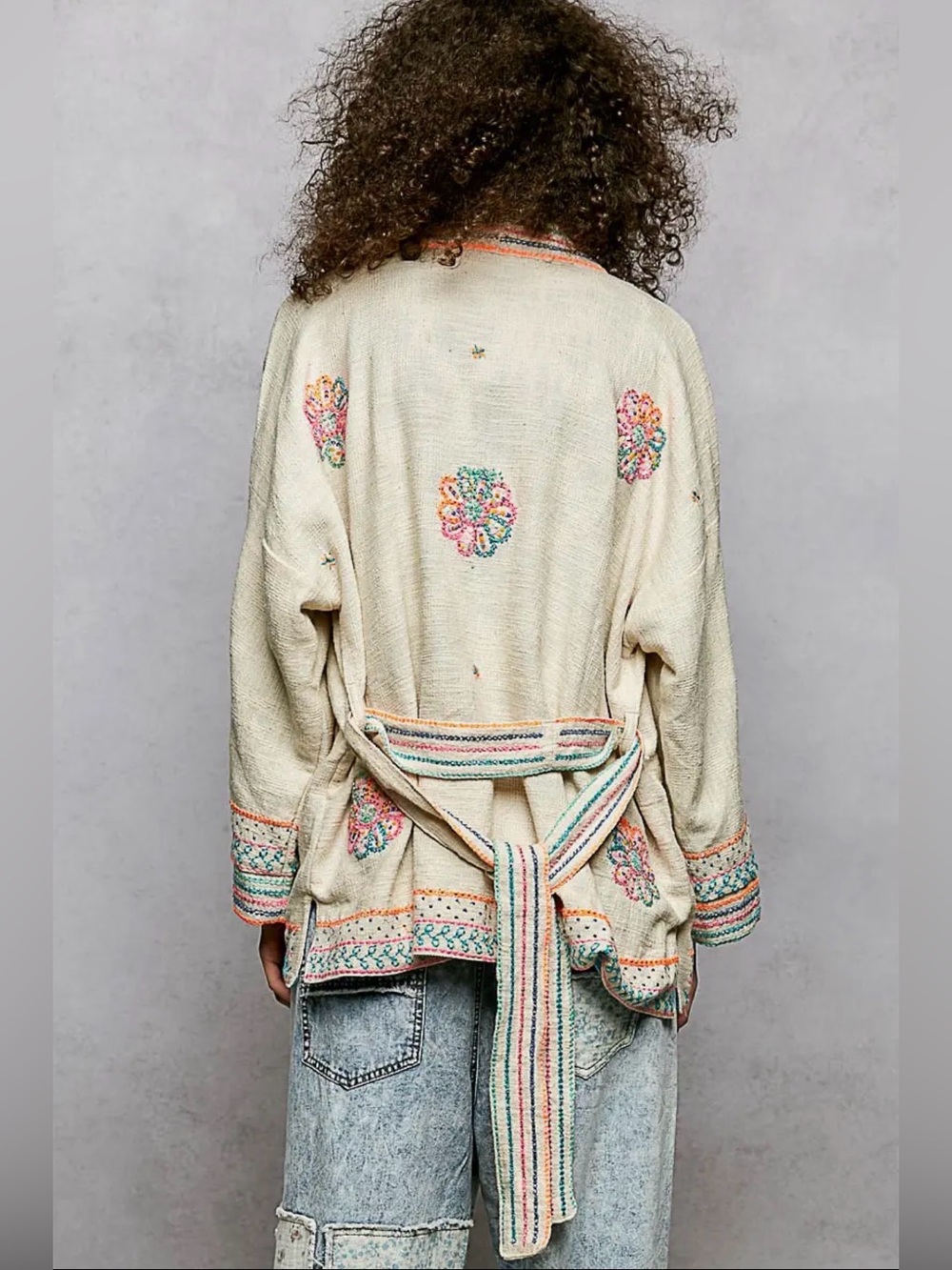 POL linen beige jacket sequin lace crochet flutter sleeve kimono blouse top - Picture 4 of 4